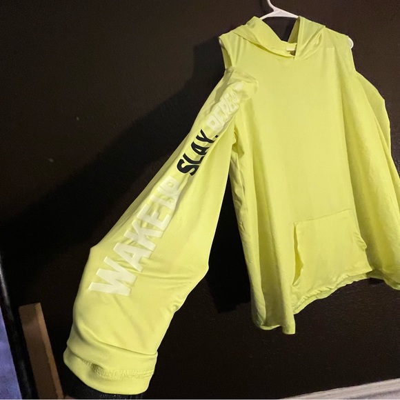 Bright Yellow Long Sleeve Top with Hoodie & Pocket, Open Shoulder, Size 4X - Picture 3 of 6